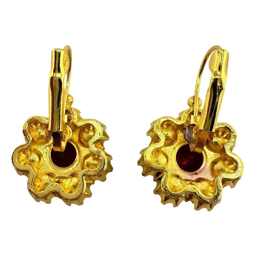 Green Glass Rhinestone Vivid Red Center Flowers Gold Tone 1